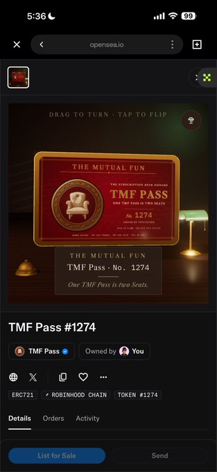 A mobile screenshot shows an OpenSea NFT listing for "TMF Pass #1274" on the Robinhood Chain, owned by the user. The post celebrates acquiring a Mutual Fun PASS, with the NFT pictured being pass number 1274 out of a total of 1274 issued, which is being offered for sale or sent via the platform's interface.