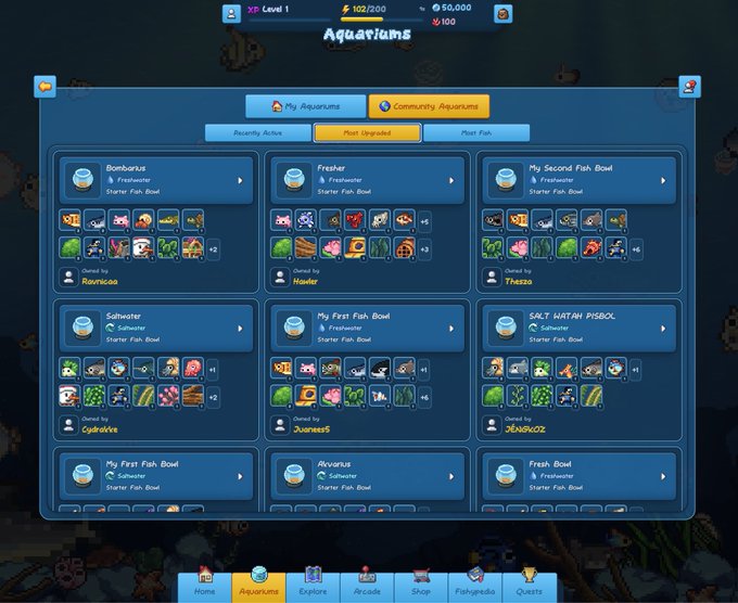 A video game 'Aquariums' interface showing the Most Upvoted tab with various community aquariums like Bombarius, Fresher, and My Second Fish Bowl, featuring saltwater and freshwater starter fish bowls.
