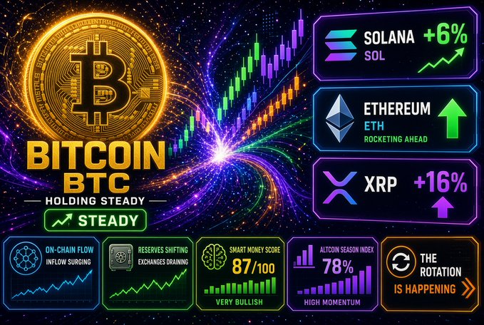 A cryptocurrency graphic highlights BITCOIN BTC 'HOLDING STEADY' alongside Solana +6%, Ethereum, and XRP +16%, with metrics showing 'VERY BULLISH' and 'HIGH MOMENTUM'.