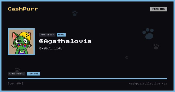 A digital "CashPurr" collectible card displayed on a dark background with paw print accents shows a pixel-art green cat wearing a yellow crown beside the name "@Agathalovia," tagged as "Rare" and "Whitelist," with a "Pending" status and "Spot #848" — visualizing the Purrlist membership entry described in the post.