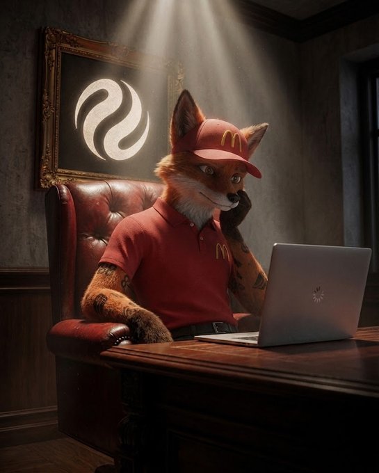 An anthropomorphic fox wearing a McDonald's cap and shirt sits at a dark wooden desk, leaning thoughtfully on his hand while looking at a laptop in a dimly lit room with a swirling logo on the wall. The image humorously illustrates the post's anticipation of the $INJ community buyback claim button, with the fox appearing to patiently wait and watch for it to appear.