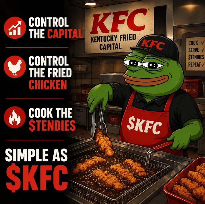 A meme-style poster featuring the Pepe the Frog character as '$KFC Kentucky Fried Capital' wearing a KFC apron and hat, frying chicken with slogans 'CONTROL THE CAPITAL', 'CONTROL THE FRIED CHICKEN', 'COOK THE $TENDIES', 'SIMPLE AS $KFC'.