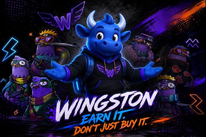 A blue bull mascot named "Wingston" wearing a black hoodie with a "W" logo stands in front of a graffiti-style background, surrounded by ape characters in streetwear. The bold text reads "WINGSTON – EARN IT. DON'T JUST BUY IT," reinforcing the post's message against upfront NFT mint payouts and advocating for value-before-reward models.