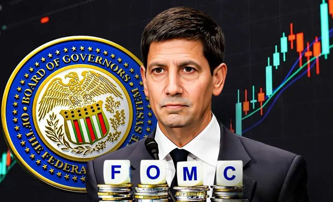 The image shows a man in a suit at a podium with the Federal Reserve seal and stacks of coins labeled "FOMC," set against a candlestick chart background showing market price action. The accompanying post announces that today's FOMC Minutes release will be the first under Fed Chair Kevin Warsh, with expected volatility across crypto, stocks, gold, and the US dollar.