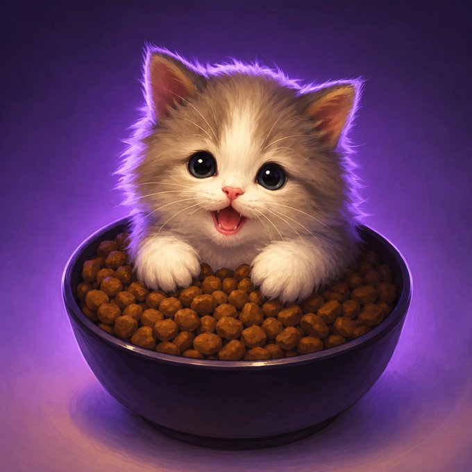 A digital illustration of an adorable fluffy orange and white kitten sitting in a black bowl filled with brown kibble, set against a purple background.