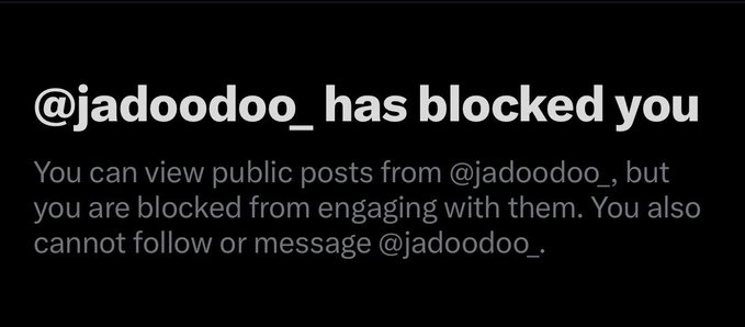 A screenshot of an Instagram block notice stating "@jadoodoo_ has blocked you," explaining that the user can view public posts but cannot engage with, follow, or message the account. The image relates to the accompanying post about demanding a refund from @solana, suggesting the person being confronted about owed money has blocked the sender in retaliation.
