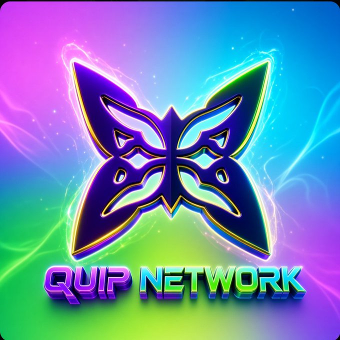 A vibrant neon graphic featuring a stylized butterfly emblem above the bold text "QUIP NETWORK," set against a glowing pink, blue, and green background with electric energy effects. The dynamic, futuristic design visually represents Quip Network's brand as highlighted in the post, which touts their impressive track record of outperforming classical solvers in portfolio optimization races using D-Wave quantum annealers.