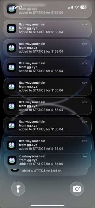 A smartphone notification screen showing repeated alerts from '0xalwaysonchain' about items added to STATICS for $165.04.
