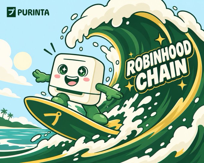 A cheerful marshmallow-like mascot surfs a massive green wave beside bold "ROBINHOOD CHAIN" text, with the "PURINTA" logo appearing in the top-left corner, visually capturing the post's metaphor of Robinhood Chain "riding a wave" of explosive growth in TVL and on-chain activity.