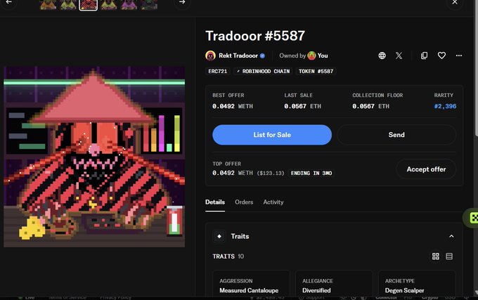 An NFT marketplace listing for a pixel art character named 'Tradooor #5587' from the Robotinoch Chain, showing a best offer of 0.0492 WETH.