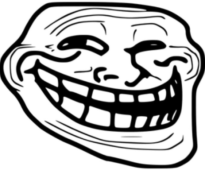 A classic black-and-white illustration of the 'Trollface' meme, featuring a wide, mischievous grin.