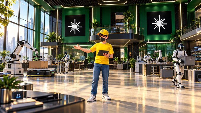 A futuristic warehouse or factory interior with green walls featuring star logos, where a man in a yellow shirt and hard hat holds a clipboard while gesturing, surrounded by humanoid robots and industrial machinery.