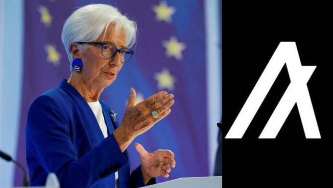 Christine Lagarde, President of the European Central Bank, speaks at a podium with the EU flag in the background, alongside the Algorand ($ALGO) logo—visually linking the cryptocurrency's newly announced MiCA compliance and access to Europe's €18 trillion economy with EU regulatory leadership.