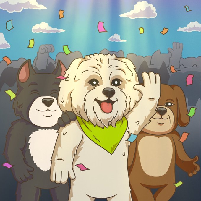 A cartoon illustration features three animated dogs—a central white fluffy dog wearing a green bandana and waving—celebrating amid falling confetti and cheering crowds under stage lights, symbolizing the excitement of a meme coin launch. The image ties directly to the post's "$BRODIE" ticker by framing the dog as the star and leader of the pack, inviting viewers to rally behind the token.