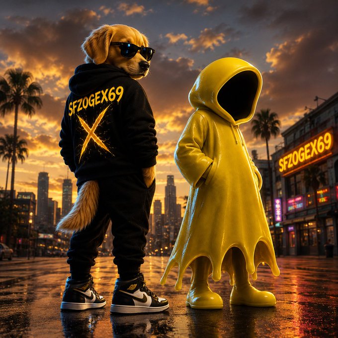 An AI-generated crypto-themed image featuring a dog in a black hoodie labeled 'SFZOGEX69' and a figure in a yellow hoodie, standing on a wet street at sunset with the same branding on a nearby building.