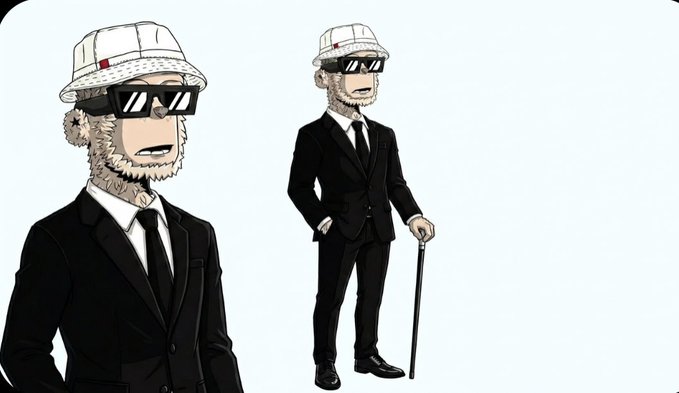 The image features two cartoon characters dressed in suits, one wearing sunglasses and holding a cane while the other has a cane as well but without sunglasses. The background of the image is white with a blue border. There are no texts or additional objects present in the image.