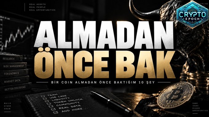 A promotional thumbnail for a YouTube video titled "ALMADAN ÖNCE BAK" (Look Before You Buy) by Crypto Epoch, featuring Turkish text "BİR COİN ALMADAN ÖNCE BAKTIĞIM 10 ŞEY" (10 Things I Look At Before Buying a Coin) alongside visual elements of a bull statue, Bitcoin coin, financial charts, and a checklist covering aspects like research, risk management, tokenomics, market data, and better decisions—aligning with the post's message that investors should examine fundamentals like token details rather than just price charts before purchasing cryptocurrency.
