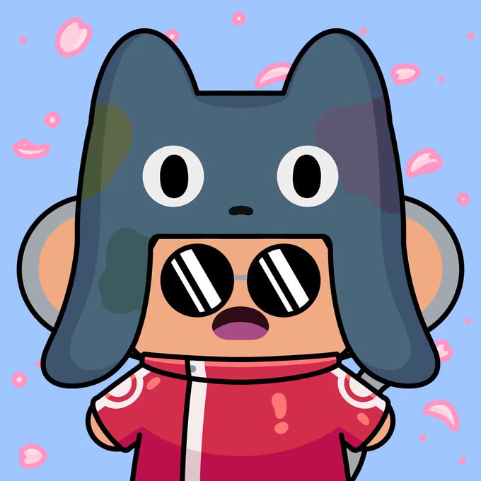 A cartoon illustration of a character wearing a blue animal-themed hood and oversized sunglasses against a blue background with pink petals.