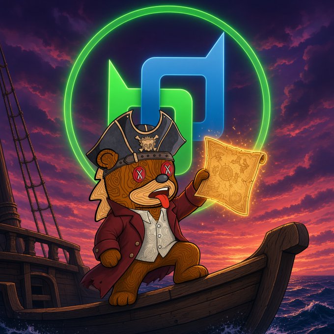 A stylized digital illustration of a pirate teddy bear in a hat holding a treasure map, standing on a ship deck with the Beldex logo glowing in green and blue behind it.
