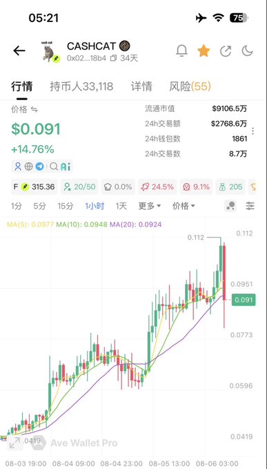 A cryptocurrency trading app displays the CASHCAT token ($0.091) up 14.76% with a candlestick chart showing price movement over time.