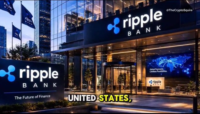 The image features a large building with Ripple Bank's logo, surrounded by trees and buildings. There are two signs in front of the bank that say "RIPPLE BANK" and "United States". The text in the image suggests that Ripple Bank is planning to become a bank once regulatory clarity arrives, which could change the game between traditional finance and blockchain technology.