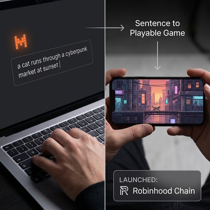 A promotional graphic shows a laptop with the text 'a cat runs through a cyberpunk market at sunset' being transformed into a playable mobile game titled 'Robinhood Chain'.