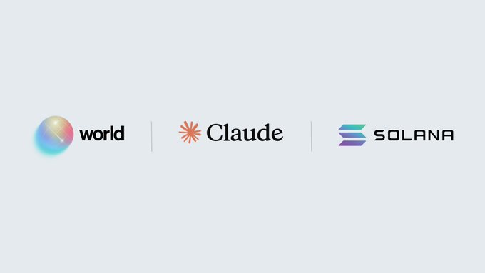 The image displays three logos arranged horizontally on a light gray background: the colorful iridescent "world" logo (Worldcoin/World ID), the orange starburst "Claude" logo (Anthropic's AI assistant), and the gradient blue-purple "Solana" logo with its stylized "S" symbol. This visual celebrates the partnership announcement that World ID, a decentralized identity protocol, has been natively integrated into Claude AI for the first time, with the integration built on the Solana blockchain.