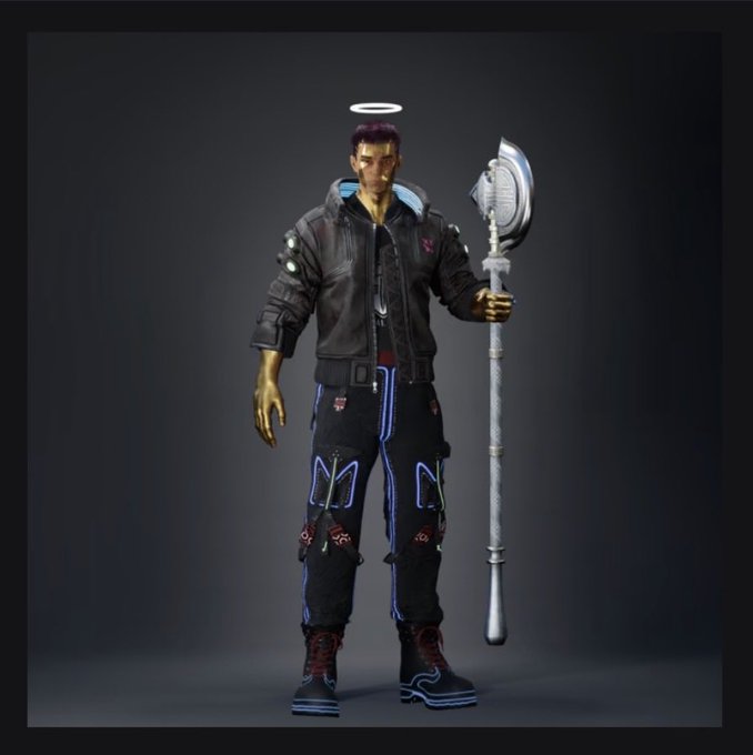 A 3D-rendered character with golden skin, a halo, and dark futuristic attire holds an ornate silver staff topped with an axe-like blade.