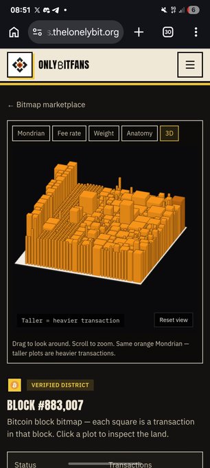 Mobile web view of thelonelybit.org showing an OnlyBitFans Bitcoin block bitmap marketplace displaying Block #883,007 as a 3D orange landscape where taller plots represent heavier transactions.