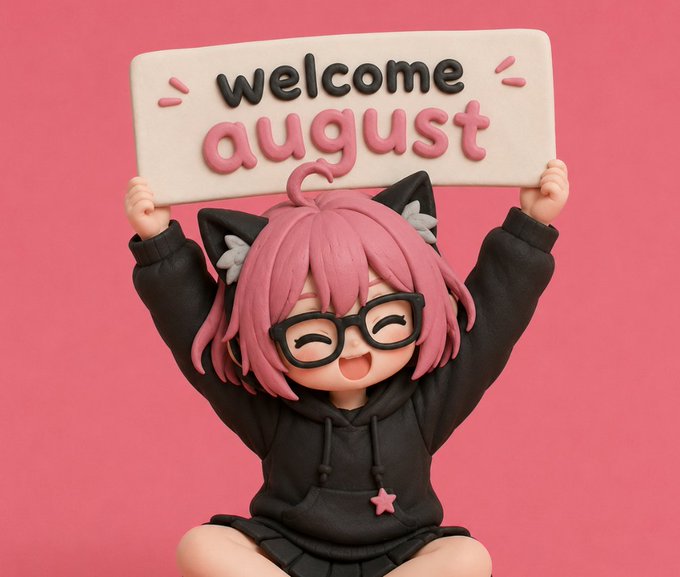 A cheerful anime-style figure with pink hair, black cat ears, glasses, and a hoodie happily holds up a sign reading "welcome august" against a pink background, matching the caption's enthusiastic recap of August's experiences, including gains, friendships, and rug pulls, with optimism for September.