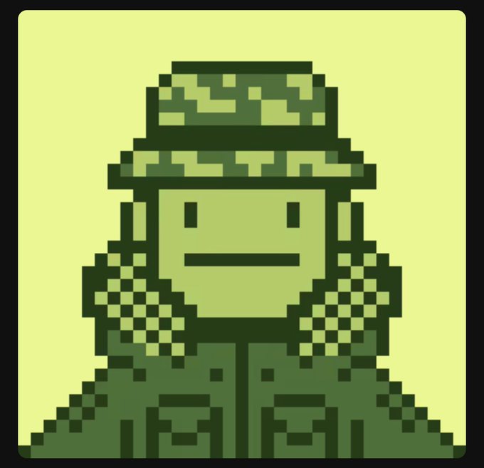 A pixel art illustration of a smiling character wearing a green camouflage bucket hat, a checkered scarf, and overalls against a light green background.