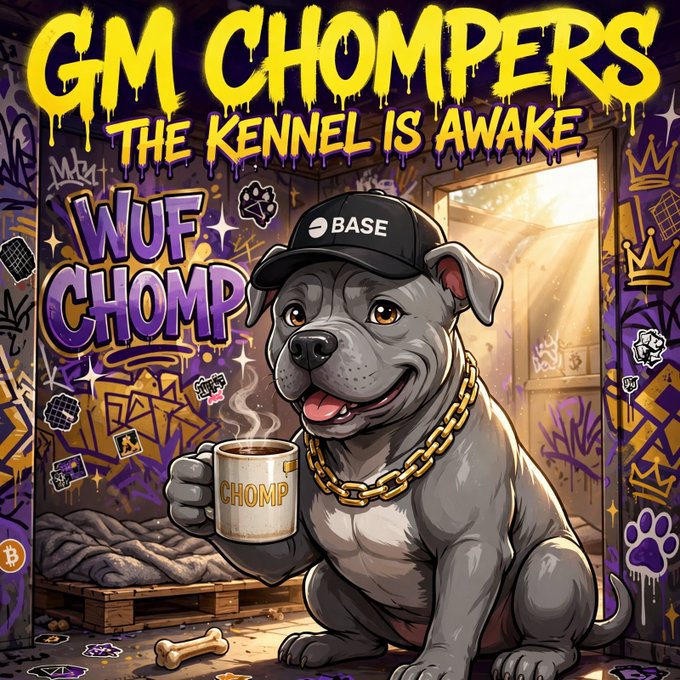 A vibrant, stylized illustration of a gray pitbull wearing a 'BASE' cap and gold chain, holding a mug labeled 'CHOMP' amidst graffiti art, with the text 'GM CHOMPERS THE KENNEL IS AWAKE' at the top.