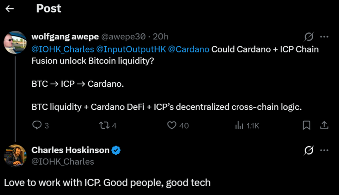 A Twitter post where user @awepe30 asks @IOHK_Charles @InputOutputHK @Cardano if Cardano + ICP Chain Fusion could unlock Bitcoin liquidity (BTC → ICP → Cardano), to which Charles Hoskinson (@IOHK_Charles) replies, "Love to work with ICP. Good people, good tech."
