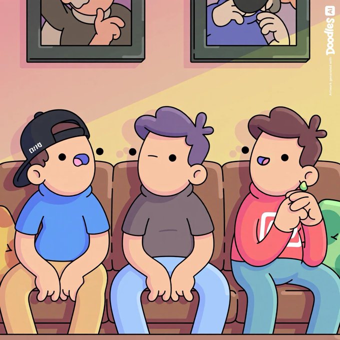 A cartoon illustration from 'Doodles AI' showing three cartoon men sitting on a brown couch watching television, all with white substances on their noses.