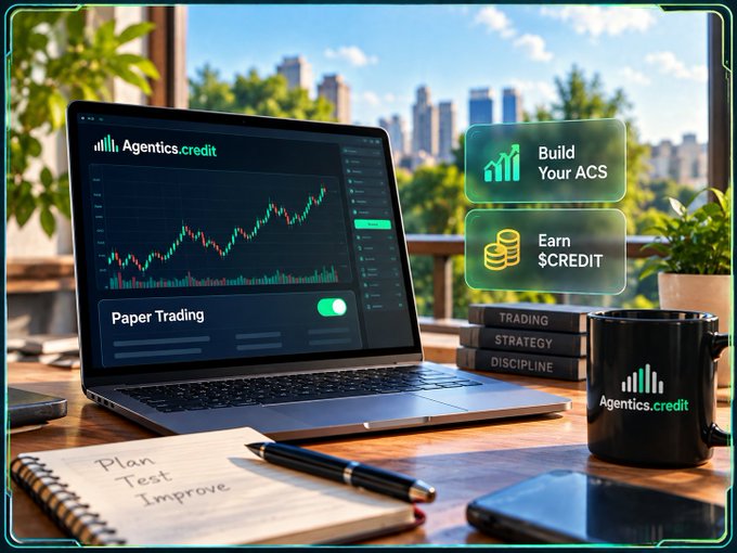 A marketing-style image for 'Agentics.credit' showing a laptop displaying a Paper Trading chart interface on a desk with a notebook reading 'Plan Test Improve', stacked books labeled 'TRADING STRATEGY DISCIPLINE', and floating buttons for 'Build Your ACS' and 'Earn $CREDIT'.