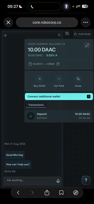 The image shows a mobile screenshot of the "core.robocorp.co" web interface, displaying a wallet dashboard with a balance of "10.00 DAAC" tokens (ticker DAAC) at address 0x361...DBb8, along with options to Buy DAAC, Get Paid, and Swap, plus a recent deposit transaction. This visual supports the post's claim about signing up for early access and receiving free DAAC tokens, as the screenshot serves as proof of the 10 DAAC balance earned upon registration.