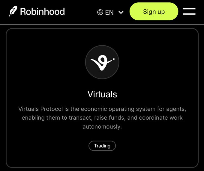 The Robinhood website displaying a 'Sign up' button and a section for 'Virtuals,' described as the economic operating system for agents to transact and coordinate autonomously, with a 'Trading' tag.