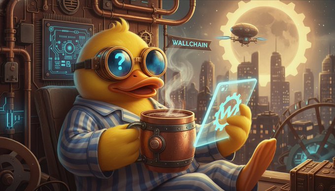 The image features a cartoon duck wearing pajamas, holding a cup of coffee while sitting in front of a computer screen with gears flying around him. The background shows a city skyline at night, which adds an urban touch to the scene. The caption above the image reads "Good night Quackers Most protocols bleed revenue while you sleep @wallchain turns that idle execution into pure protocol growth. Your favorite DEX deserves better than wasted MEV."