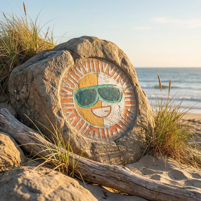 A large rock on a sandy beach is painted with a whimsical sun face wearing teal sunglasses, surrounded by grass and driftwood with the ocean in the background.