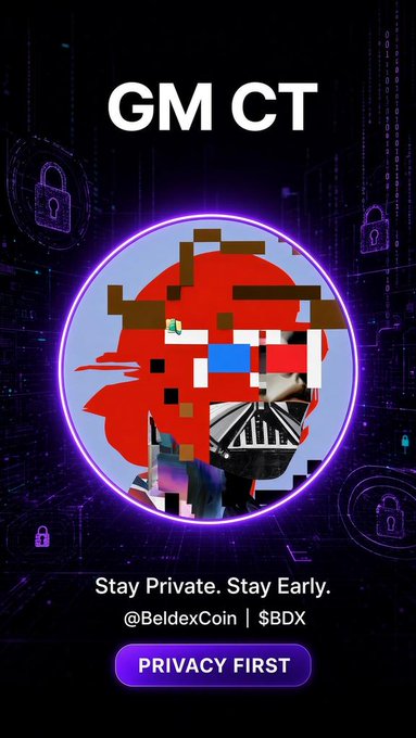 A pixelated red character design inside a neon circle is displayed with the text 'GM CT', 'Stay Private. Stay Early.', '@BeldexCoin | $BDX', and a 'PRIVACY FIRST' button.