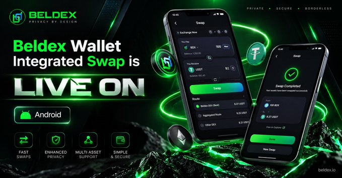 A promotional graphic for 'BELDEX' announcing that the 'Beldex Wallet Integrated Swap is LIVE ON Android', showcasing two smartphone screens displaying the swap interface with features like Fast Swaps, Enhanced Privacy, and Multi Asset Support.