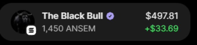 A portfolio widget showing "The Black Bull" with a verified checkmark, 1,450 ANSEM holdings valued at $497.81, up $33.69.