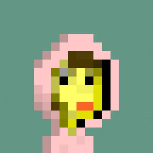 A pixel art portrait of a figure with a pink hood and yellow face against a green background.
