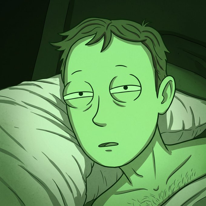 A 2D animated illustration shows a green-skinned man with half-closed eyes lying in bed with a tired or bored expression.