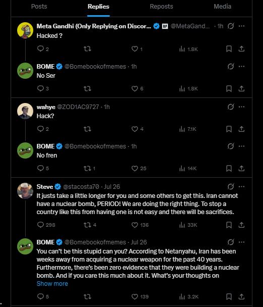 A Twitter/X replies thread featuring BOME (@Bomebookofmemes) responding 'No Ser' to Meta Gandhi and 'No fren' to wahye asking 'Hacked?', alongside a longer reply by Steve (@stacosta70) about a nuclear bomb and sacrifices, with BOME commenting on Iran.