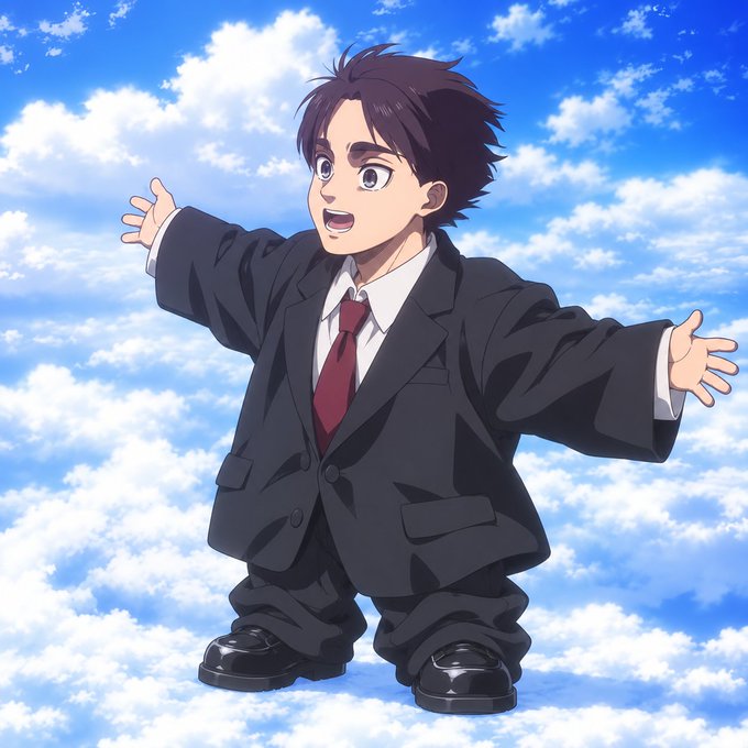 An anime-style illustration of a young man with brown hair wearing an oversized black suit, red tie, and dress shoes, standing with arms wide open against a blue cloudy sky.