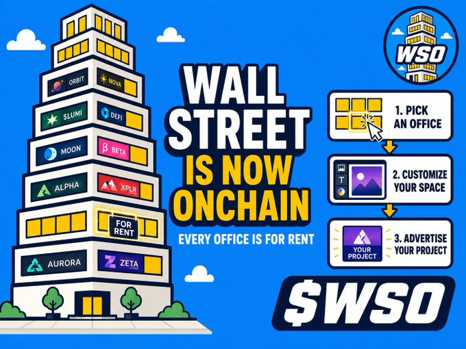A promotional graphic announces 'WALL STREET IS NOW ONCHAIN' with the token ticker '$WSO', showing a skyscraper with logos like ORBIT, NOVA, SLIMI, DEFI, MOON, BETA, ALPHA, XPLS, AURORA, and ZETA, alongside a 'FOR RENT' office and steps: '1. PICK AN OFFICE', '2. CUSTOMIZE YOUR SPACE', '3. ADVERTISE YOUR PROJECT'.