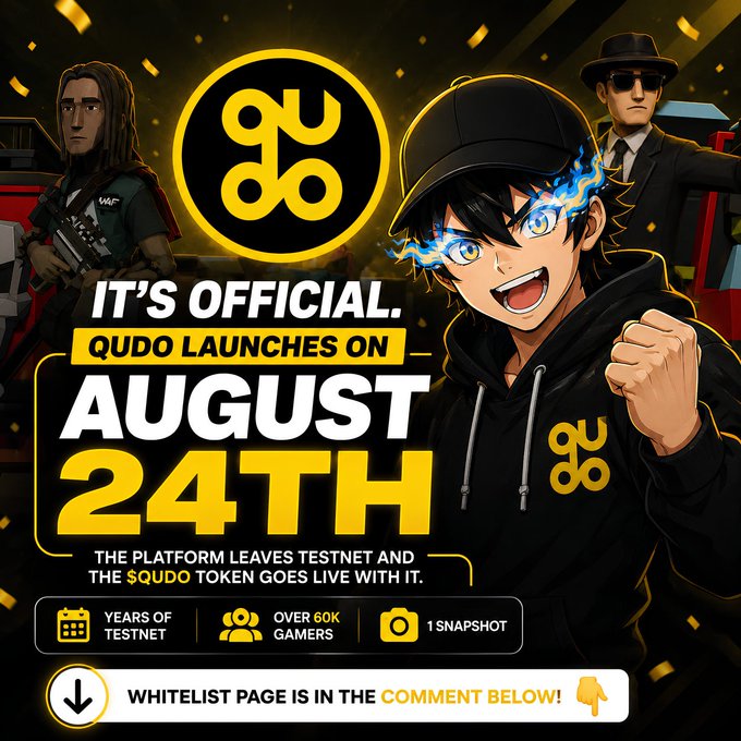 An anime-style promotional graphic announcing "IT'S OFFICIAL. QUDO LAUNCHES ON AUGUST 24TH," featuring a character with blue fiery eyes, the Qudo logo, and noting key stats like years of testnet, over 60K gamers, and 1 snapshot.