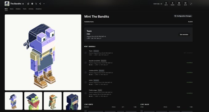 The image displays an OpenSea NFT collection page for "Mint The Bandits" with available team mint schedules showing free mints starting August 24 at 10:00 PM GMT+8. The accompanying post about hitting the mint at 11 PM likely refers to this collection's public stage mint window shown on the page.