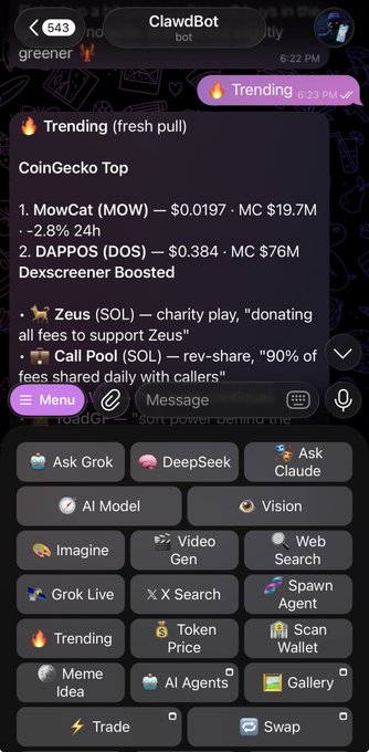 A screenshot of a Telegram chat with "ClawdBot" displaying a "Trending (fresh pull)" section featuring CoinGecko Top coins like MowCat (MOW) at $0.0197 and DAPPOS (DOS) at $0.384, alongside Dexscreener Boosted tokens including Zeus (SOL) and Cail Pool (SOL). The interface shows various bot menu options like Ask Grok, DeepSeek, AI Model, Trending, and Trade, with the user having just requested the trending feed — fitting the "$CLAWD" post about confidently tracking trending crypto rather than settling for less.